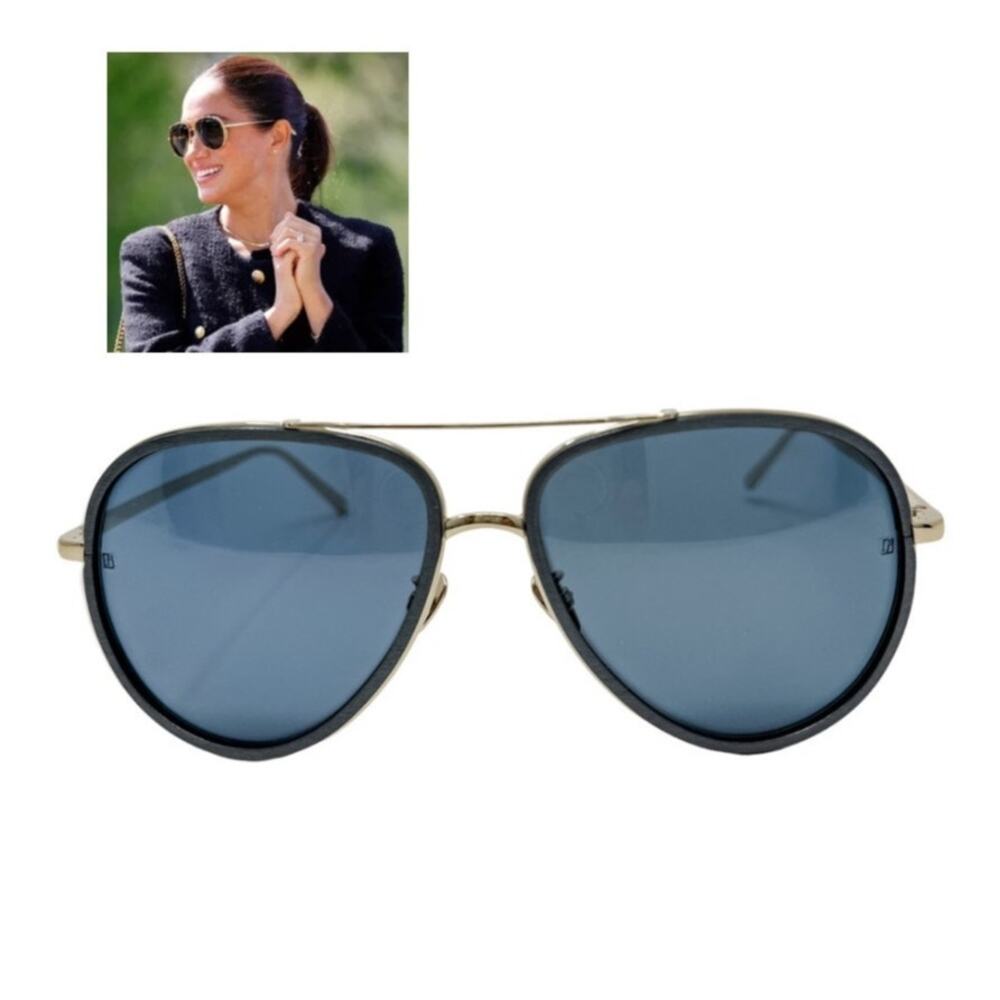 Linda Farrow Premium Luxury Aviator Sunglasses Blue Gold w/ case, box LFL 539/5